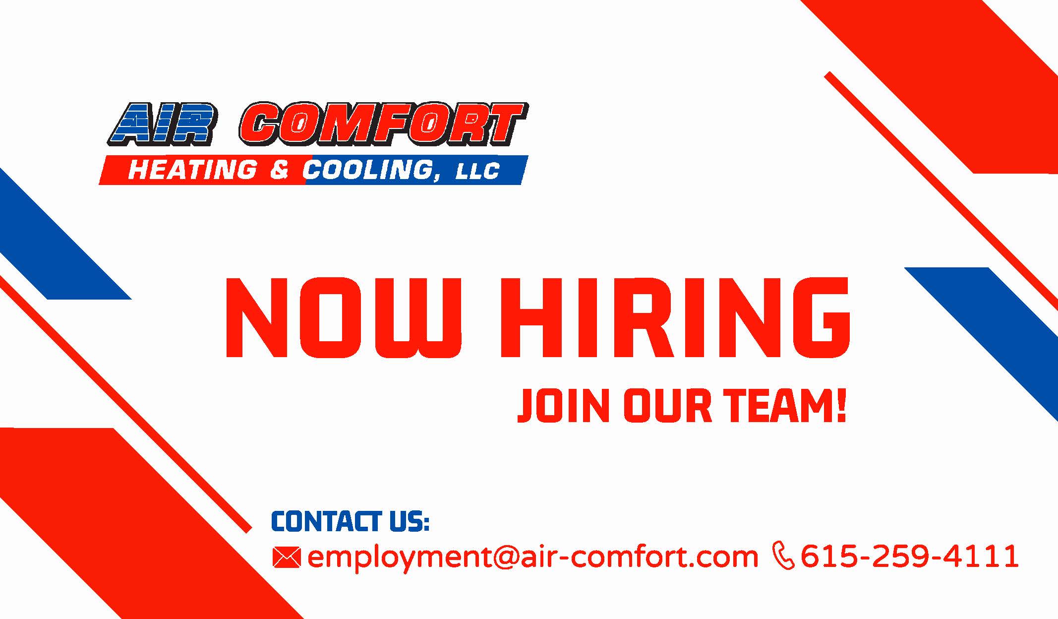 HVAC Careers - Air Comfort Heating and Cooling Now Hiring. Join our Team. Start your Career!